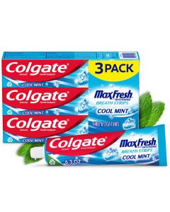 Colgate Max Fresh Toothpaste, Whitening Toothpaste with Mini Breath Strips, Cool Mint, 3 Pack, 6.3 Oz Tubes"