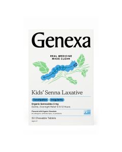 Genexa Kids’ Senna Laxative - 50 Chewable Tablets - Gentle, Overnight Constipation Relief - Certified Vegan, Organic, Free of Dyes & Talc, Non-GMO"