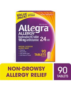 Allegra 24 Hour Non-Drowsy Antihistamine Medicine Tablets for Adult Allergy Relief, Fexofenadine, 180 mg, 90 Pills"
