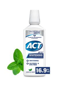 ACT Whitening + Anticavity Fluoride Mouthwash, Gentle Mint, Alcohol Free and Dye Free, 16.9 fl. oz."