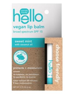 Hello Moisturizing Vegan Lip Balm with Shea Butter + Coconut Oil + SPF 15, Natural Sweet Mint, Dermatologist Approved, No Beeswax, No Petrolatum, No Parabens, No Dyes"