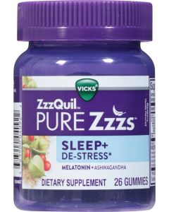 ZzzQuil PURE Zzzs, De-Stress and Sleep, Melatonin Sleep Aid with Ashwagandha, Chamomile, Drug Free, 25 Count"
