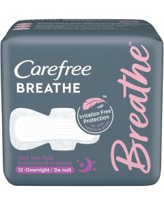 Carefree Breathe Ultra Thin Overnight Pads with Wings, Unscented, 12 Count"